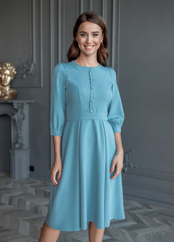 Голубое деловое, коктейльное, вечернее платье с пуговицами клеш, колокол, рубашка No Brand однотонное