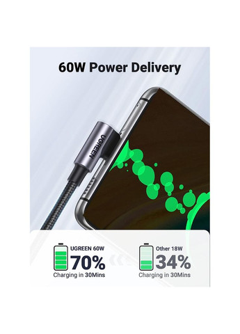 Дата кабеля USB-C на USB-C 0.5m 3A 60W 90° corner US255 /gray (m496548) Ugreen USB-C to USB-C 0.5m 3A 60W 90° corner US255 black/ (367072410)