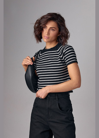 Черная демисезон укороченная женская футболка в полоску Lurex
