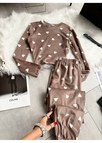 Темно-бежевая зимняя пижама женская топ + брюки Гермес