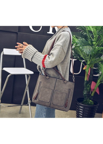 Жіноча велика сумка сірого кольору із ПУ шкіри з довгою ручкою ProDobro (363259523)