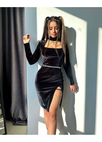 Черное праздничный бархатное платье — замеры в описании силуэтная DK/DL Мода без кордонів однотонное