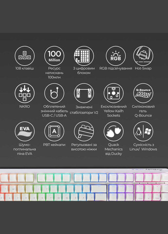 Клавіатура One 3 Cherry MX Blue RGB UA USB White (DKON2108ST-CUAPXPWWWSC1) Ducky (336957716)