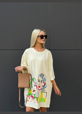 Кремовое спортивное, домашнее, пляжное, повседневный женское платье-футболка No Brand