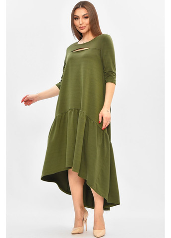 Оливковое повседневный платье женское полубатальное оливкового цвета с баской Let's Shop однотонное