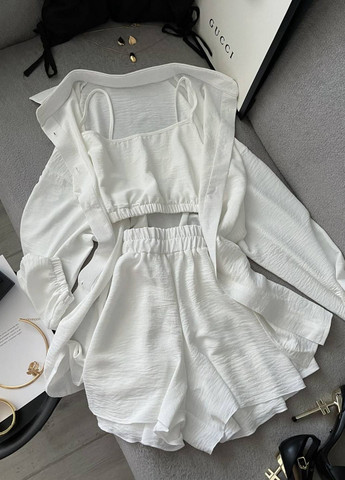 Изысканный легкий летний повседневный костюм тройка: рубашка+топ+шорты Allthings (344448125)