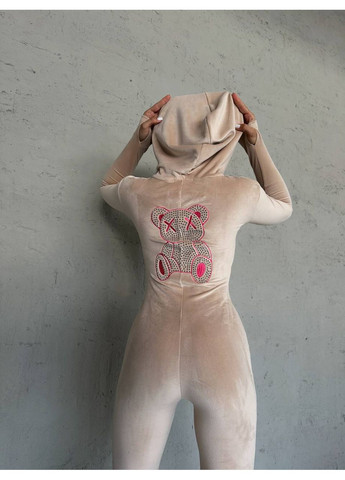 Женский велюровый комбинезон No Brand комбинезон-брюки однотонный бежевый спортивный, повседневный велюр