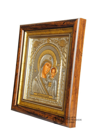 Серебряная Икона Казанская Божья Матерь 15,5х17см в прямоугольном киоте под стеклом Silver Axion (266266178)