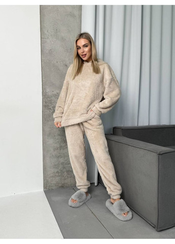 Бежевая зимняя женская пижама свитшот + брюки No Brand