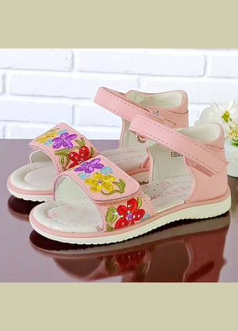 Розовые ортопедические босоножки открытые для девочки сандалии на липучках Сказка со стразами, с цветами