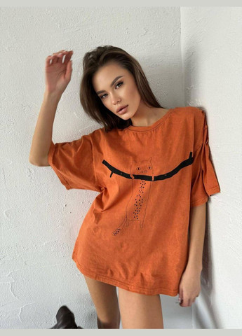 Оранжевая всесезон красивая однотонная оранжевая oversize футболка, качественная турецкая футболка с принтом котика на груди No Brand 24292-1