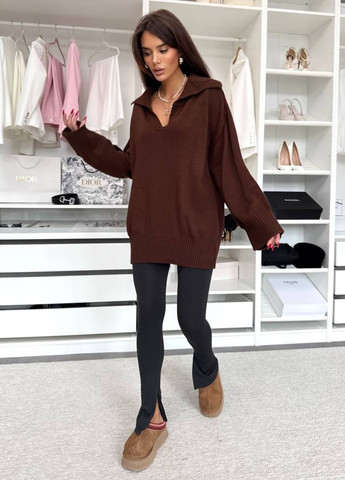 Коричневий демісезонний вишуканий повсякденний в'язаний демісезонний оверсайз светр з відкладним коміром Allthings