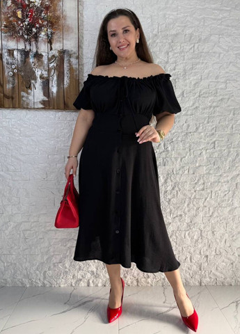 Чорна повсякденний вишукана легка літня повсякденна міді сукня на гудзиках з короткими рукавами ліхтарик Україна однотонна