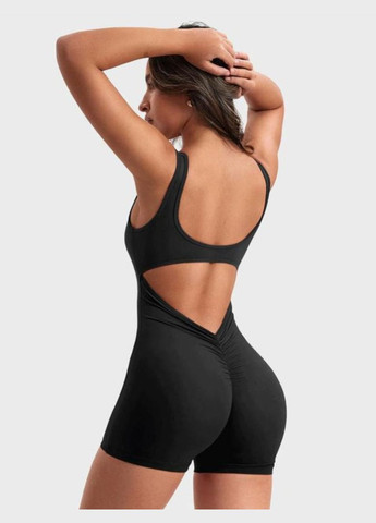 Жіночий спортивний комбінезон з відкритою спинкою та ефектом бразильська попа UA чорний