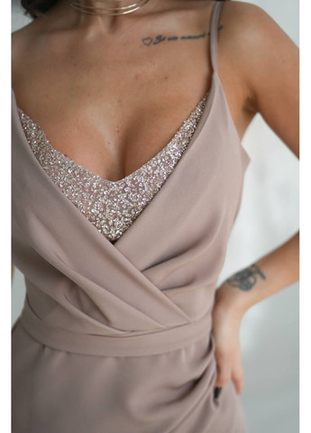 Темно-бежева святковий, вечірня жіноча сукня максі із вставкою з блискучого мережива MonCher