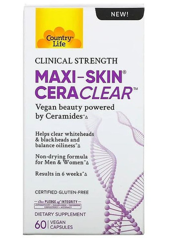 Диетическая добавка для кожи с керамидами Maxi-Skin CeraClear 60шт (1555538-44909776) Country Life (368607200)