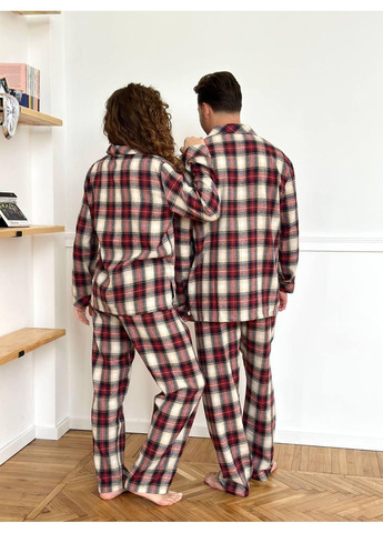 Комбінована піжама жіноча фланелева в клітинку червоно-бежева. піжама тепла домашня з довгим рукавом. піжама комфортна oversize осінь-зима No Brand