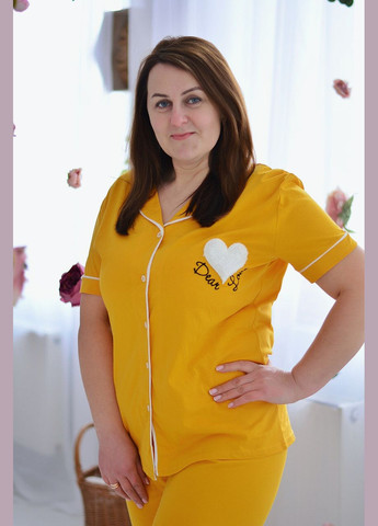 Желтая всесезон батал женская пижама брюки, короткий рукав (большие размеры) жовта, сердечко футболка + брюки Sexen