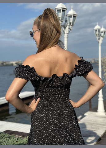 Чорна жіноча сукня міді софт чорний з білими крапочками Maybel