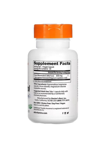 Транс-ресвератрол Trans-Resveratrol 600 mg, 60 вегакапсул для поддержки сердечно-сосудистой системы Doctor's Best (334706757)