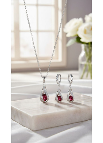 Комплект украшений серебристый с красными цирконами No Brand Жіночий комплект прикрас (372794109)