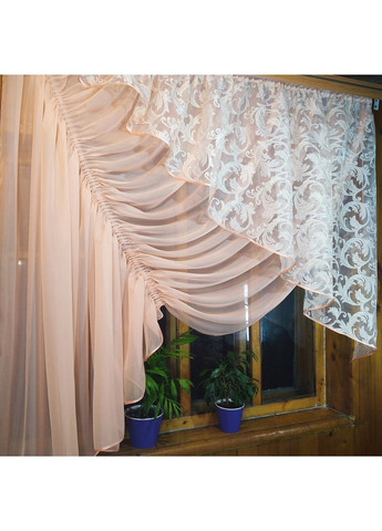 Занавеска короткая готовая Камелия персик вензель крем левая No Brand (372133962)