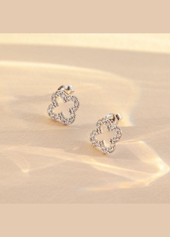 Оригінальні сережки зі срібла пусети Клевер з маленькими білими фіанітами Каштан (342335585)