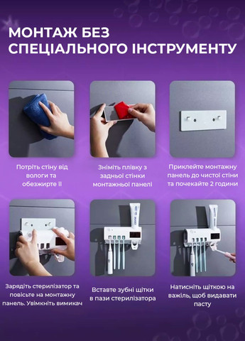 Дозатор для зубної пасти диспенсер тримач для щіток з автоматичним ультрафіолетовим стерилізатором 3в1 з зарядкою від USB Україна (362272077)