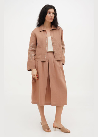 Бежевая свободная льняная миди юбка бохо на молнии и с карманами малага. белый, р.44, код 7437/44/101 ГАЛЕРЕЯ ЛЬОНУ