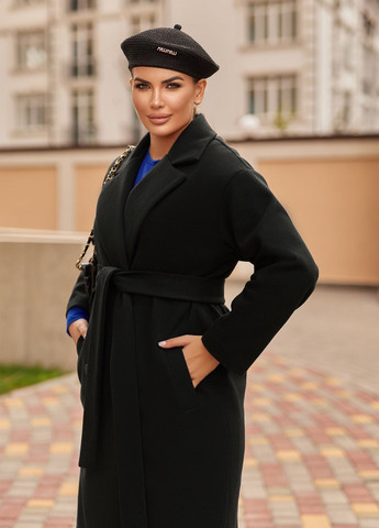 Черное демисезонное Классическое женское пальто с поясом из диагонального твида двубортное No Brand