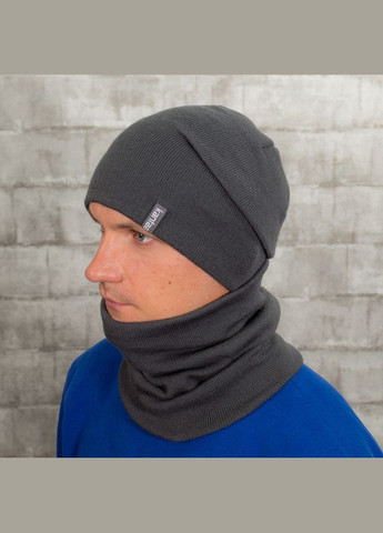 Вязаная шапка на флисе со снудом унисекс 50-60 темно-серый (OC-109) Luxyart (312548268)