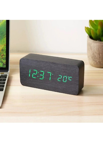 Деревянные настольные часы с отображением времени, даты, температуры 15х4.5х7 см (482275-Prob) Зеленая подсветка Unbranded (372863079)