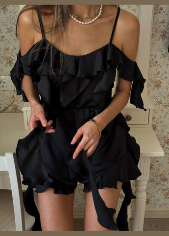 Сатиновий комбінезон з воланами Україна комбінезон-шорти чорний святковий, повсякденний, кежуал, коктейльний сатин