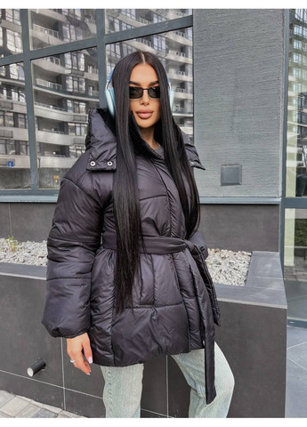 Чорна зимня куртка-пуфер зима,з поясом та капюшоном,низ та рукава на резинці,мікро пух 250 Україна