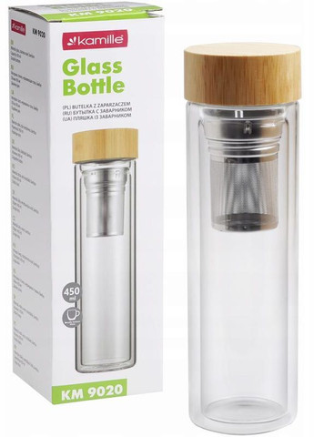 Пляшка (термо) скляна 450мл із заварником та подвійними стінками, бамбукова кришка Kamille (372174248)