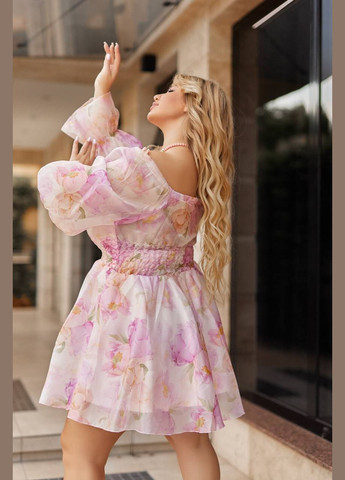Розовое праздничный, коктейльное, вечернее платье мини из органзы а-силуэт Україна с цветочным принтом