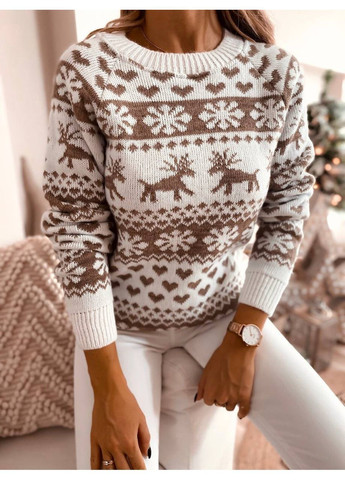 Белый теплый женский новогодний свитер с оленями No Brand