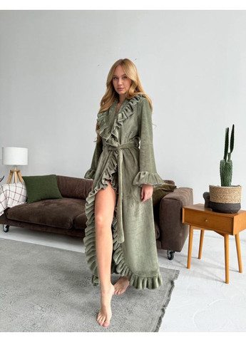 Женский махровый халат с рюшами, оливковый. Lavender Dreams (366665679)