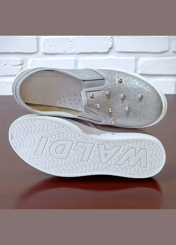 Серебряные текстильные слипоны ортопедические тапочки для подростка девочки Waldi с заклепками, с жемчугом