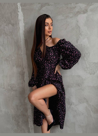 Черное праздничный, повседневный, кэжуал женское платье FINO Mode с цветочным принтом