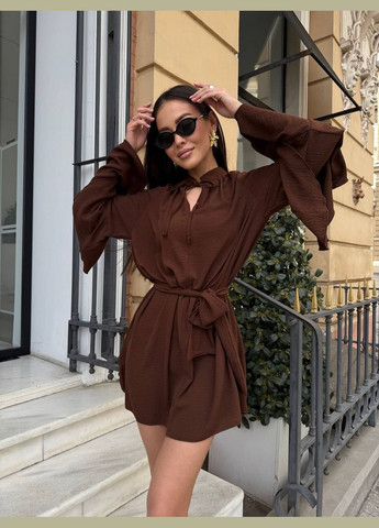 Темно-коричнева кежуал сукня міні вільного крою з воланами на рукавах MonCher