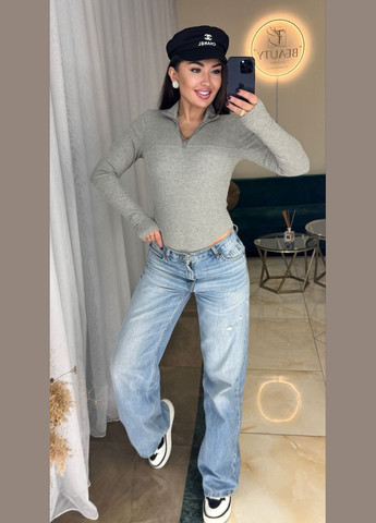 Теплое женское боди рубчик с молнией на шее на вырезе для пальчика серое You Best (315389450)