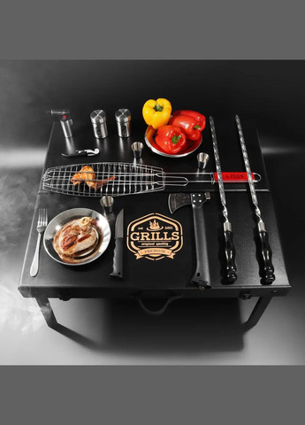 Шашличний набір-комплект з столиком на 6 шампурів "Grills " Чорний | 30 предметів Handmade G16 (342745322)