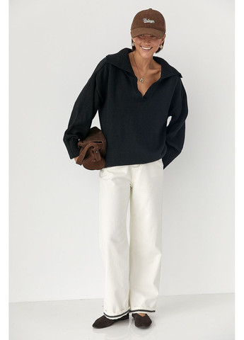 Черный зимний вязаный свитер-поло свободного кроя - черный цвет Lurex