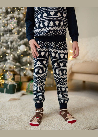 Темно-синяя всесезон детская пижама синего цвета новогодняя кофта брюки хлопчатобумажная tom john family look кофта + брюки Nicoletta