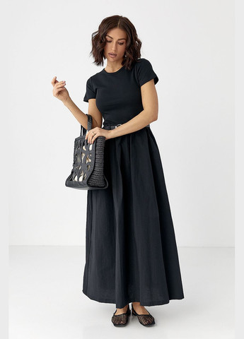 Чорна відвертий жіноча довга сукня з поясом - чорний колір Lurex