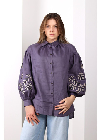 Фиолетовая женская вышитая блуза на пуговицы георгин фиолетовый MOTYV узор цветочный лен (365578996)