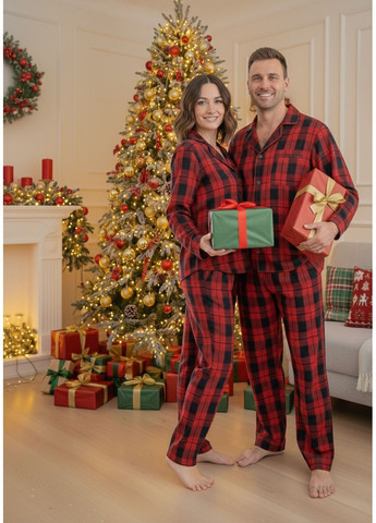 Червона всесезон піжамний комплект жіночий у клітинку "глен" сорочка + брюки Cosy