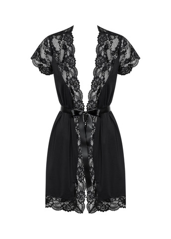 Сатиновий відкритий пеньюар на поясі 810-PEI–1 peignoir black 2XL/3XL, Obsessive (297393820)