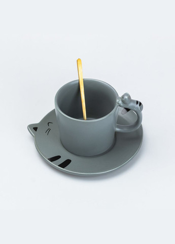 Чашка с блюдцем и ложкой керамическая 250 мл "Котенок" Серая TS Kitchen (315637835)